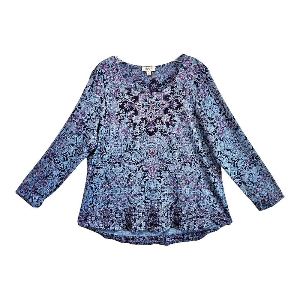STYLE & CO Women's XL Tunic Top Floral Purple Pink Rhinestones Long Sleeve 42"